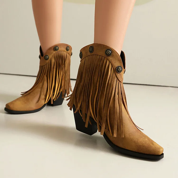 Women's Tassel Pointed Toe Block Heel Western Ankle Boots