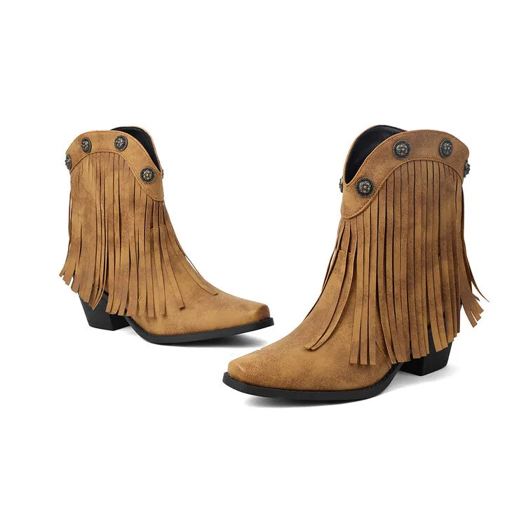 Women's Tassel Pointed Toe Block Heel Western Ankle Boots