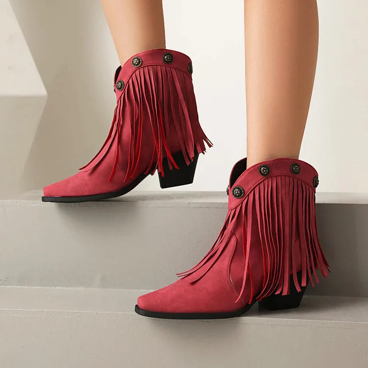 Women's Tassel Pointed Toe Block Heel Western Ankle Boots