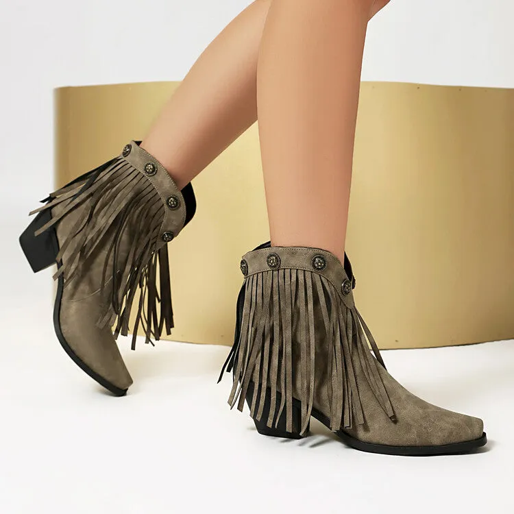 Women's Tassel Pointed Toe Block Heel Western Ankle Boots