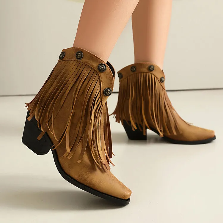 Women's Tassel Pointed Toe Block Heel Western Ankle Boots
