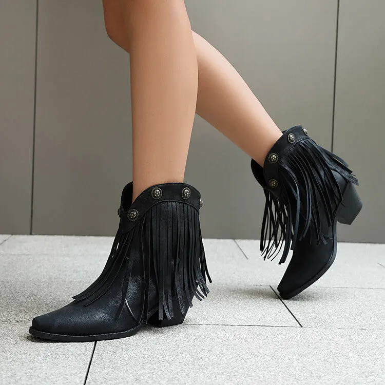 Women's Tassel Pointed Toe Block Heel Western Ankle Boots