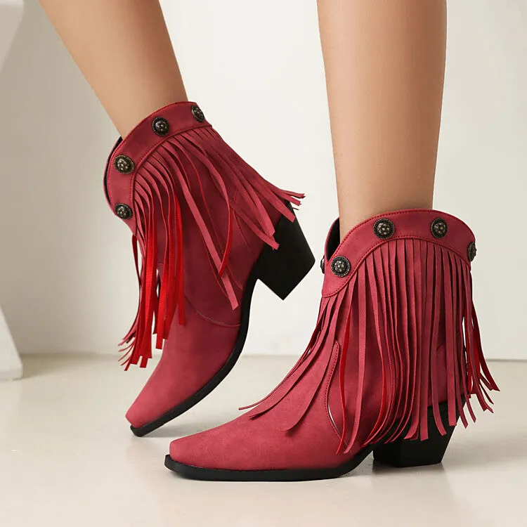 Women's Tassel Pointed Toe Block Heel Western Ankle Boots