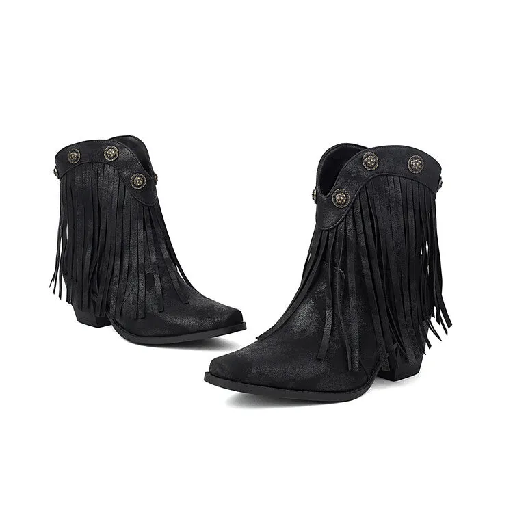 Women's Tassel Pointed Toe Block Heel Western Ankle Boots