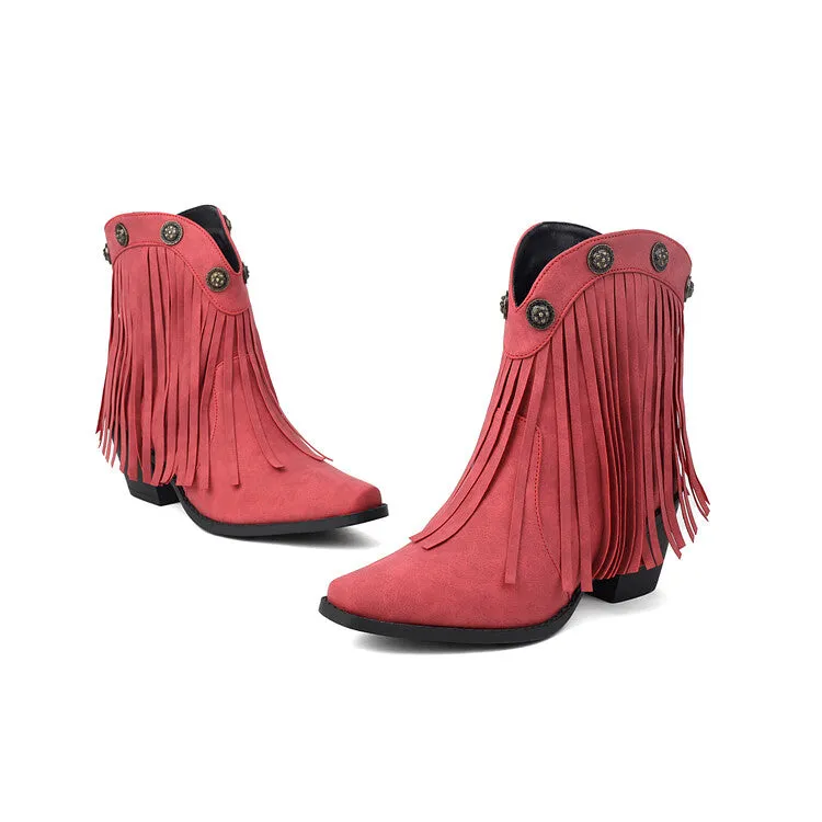 Women's Tassel Pointed Toe Block Heel Western Ankle Boots