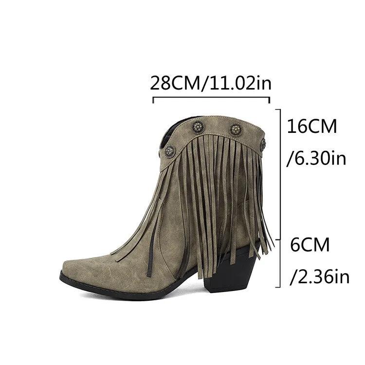 Women's Tassel Pointed Toe Block Heel Western Ankle Boots