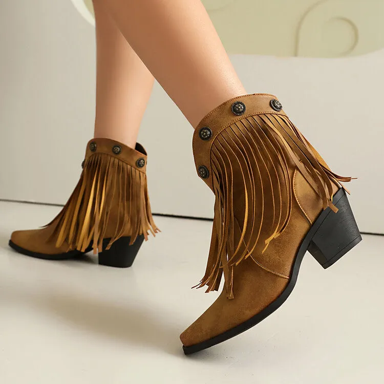 Women's Tassel Pointed Toe Block Heel Western Ankle Boots