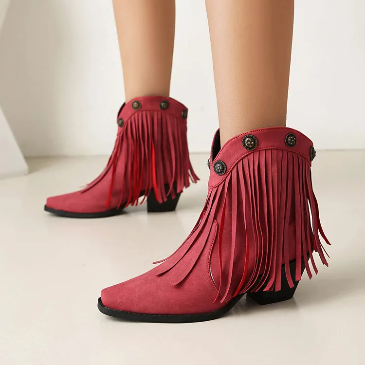 Women's Tassel Pointed Toe Block Heel Western Ankle Boots