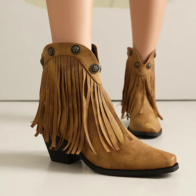 Women's Tassel Pointed Toe Block Heel Western Ankle Boots