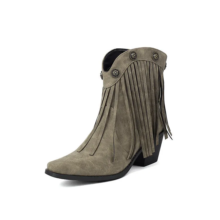 Women's Tassel Pointed Toe Block Heel Western Ankle Boots