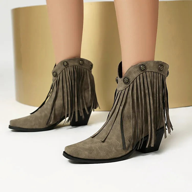 Women's Tassel Pointed Toe Block Heel Western Ankle Boots