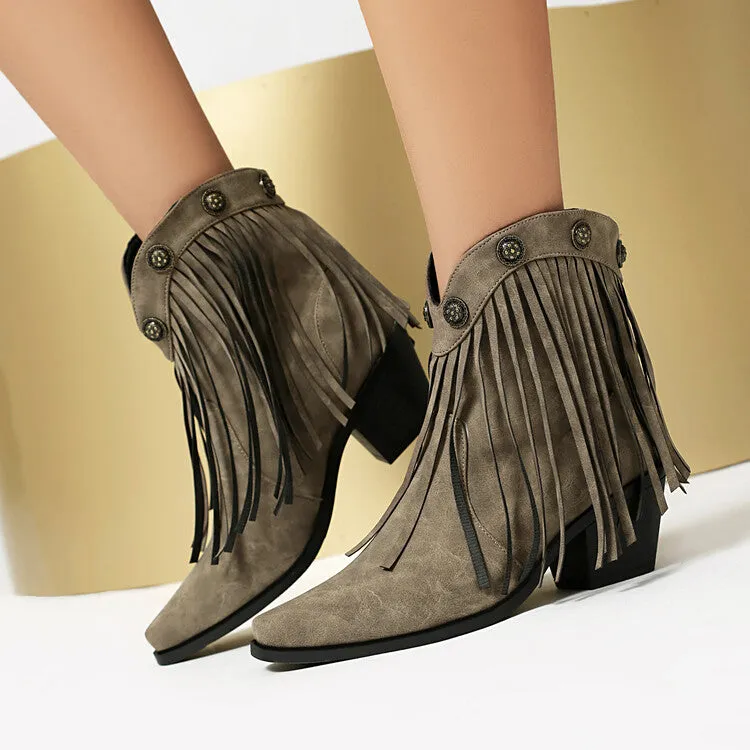 Women's Tassel Pointed Toe Block Heel Western Ankle Boots