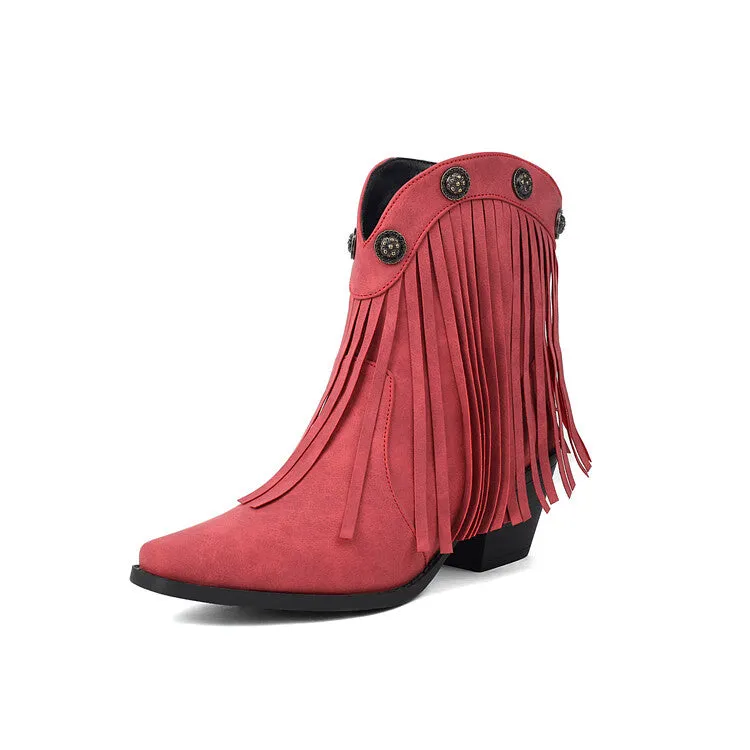 Women's Tassel Pointed Toe Block Heel Western Ankle Boots