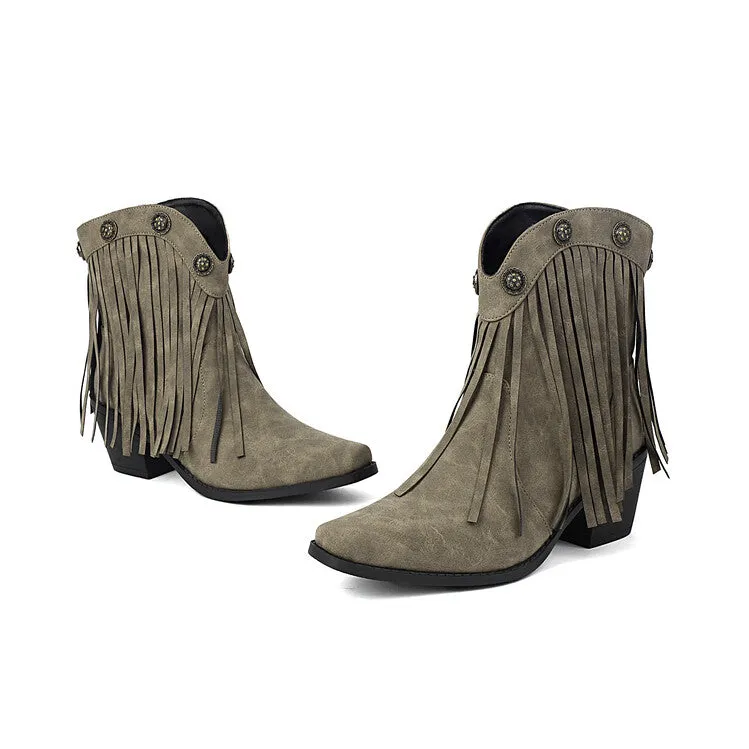 Women's Tassel Pointed Toe Block Heel Western Ankle Boots