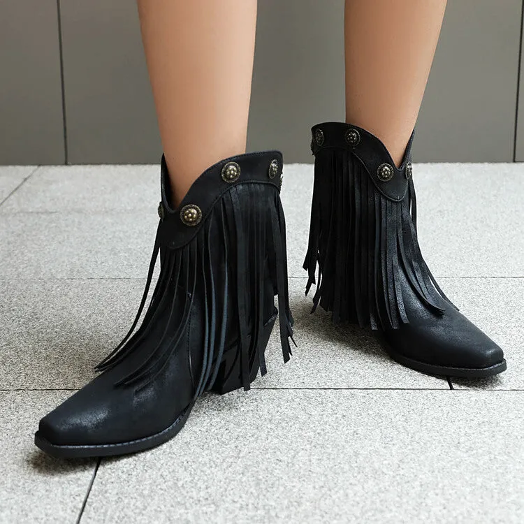 Women's Tassel Pointed Toe Block Heel Western Ankle Boots
