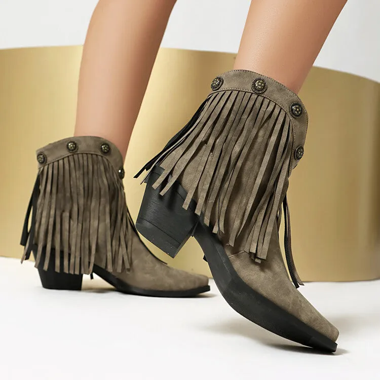 Women's Tassel Pointed Toe Block Heel Western Ankle Boots