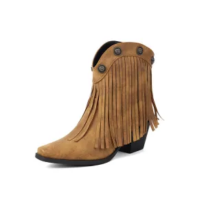 Women's Tassel Pointed Toe Block Heel Western Ankle Boots
