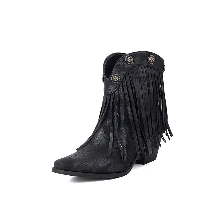 Women's Tassel Pointed Toe Block Heel Western Ankle Boots