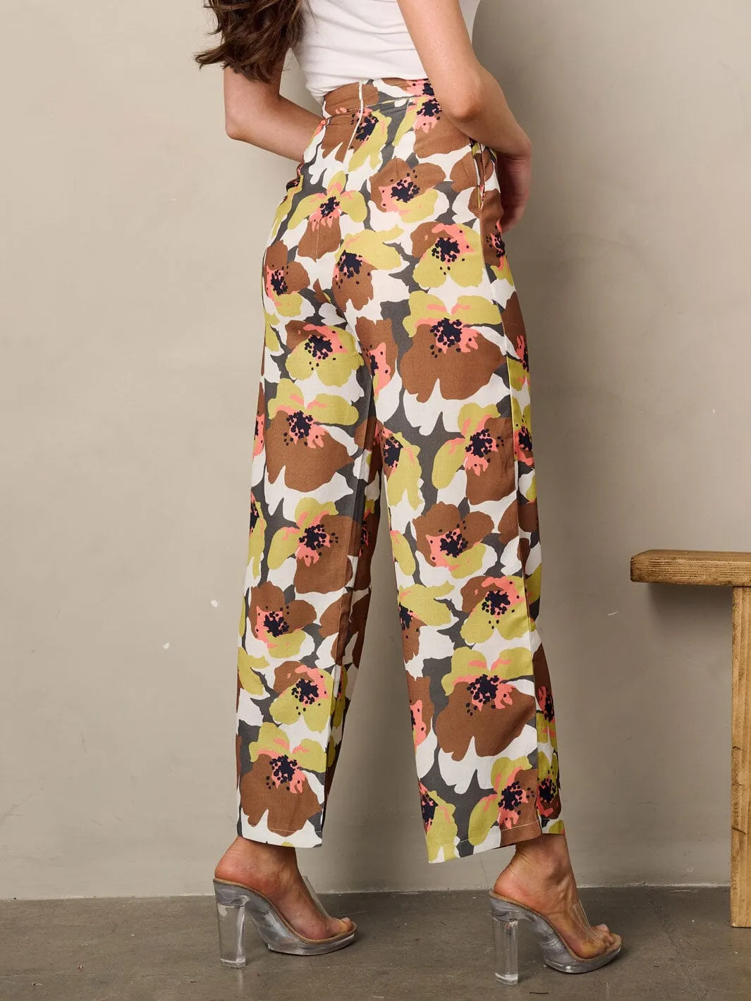 WOMEN'S WIDE LEG POCKETS FLORAL PANTS