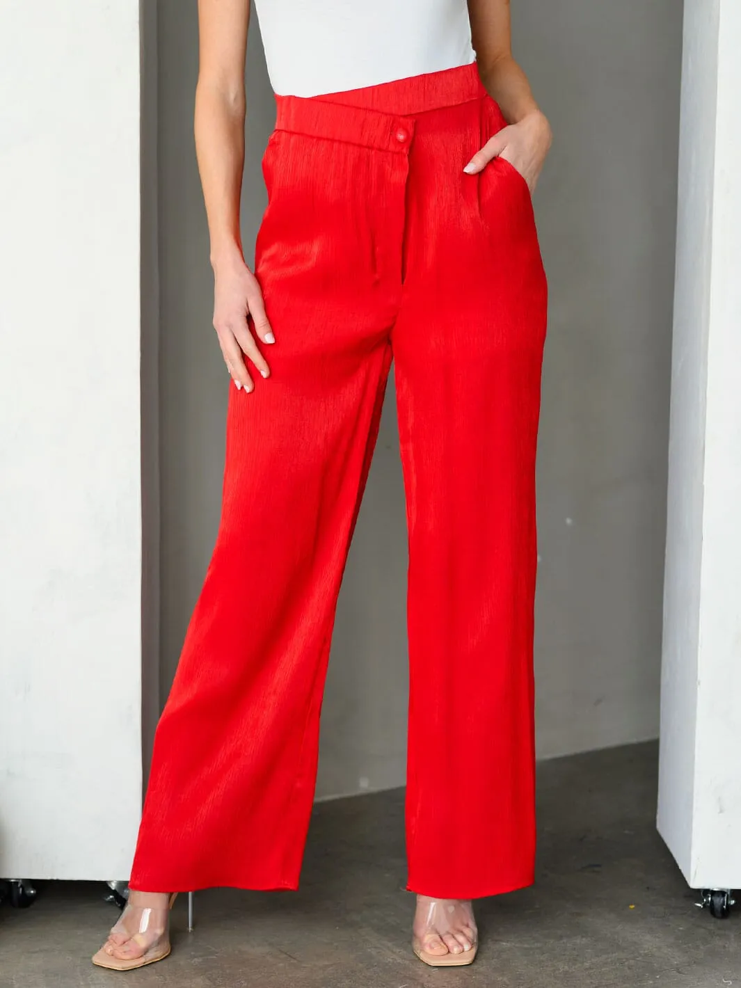 WOMEN'S WIDE LEG POCKETS SHIMMER PANTS