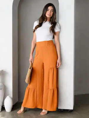 WOMEN'S WIDE TIERED LEG SELF TIE PANTS