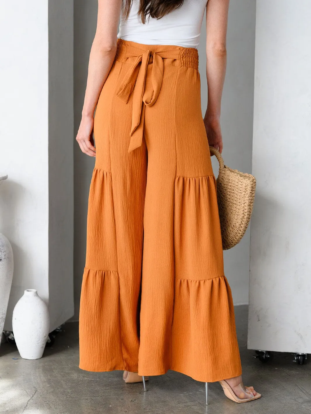 WOMEN'S WIDE TIERED LEG SELF TIE PANTS