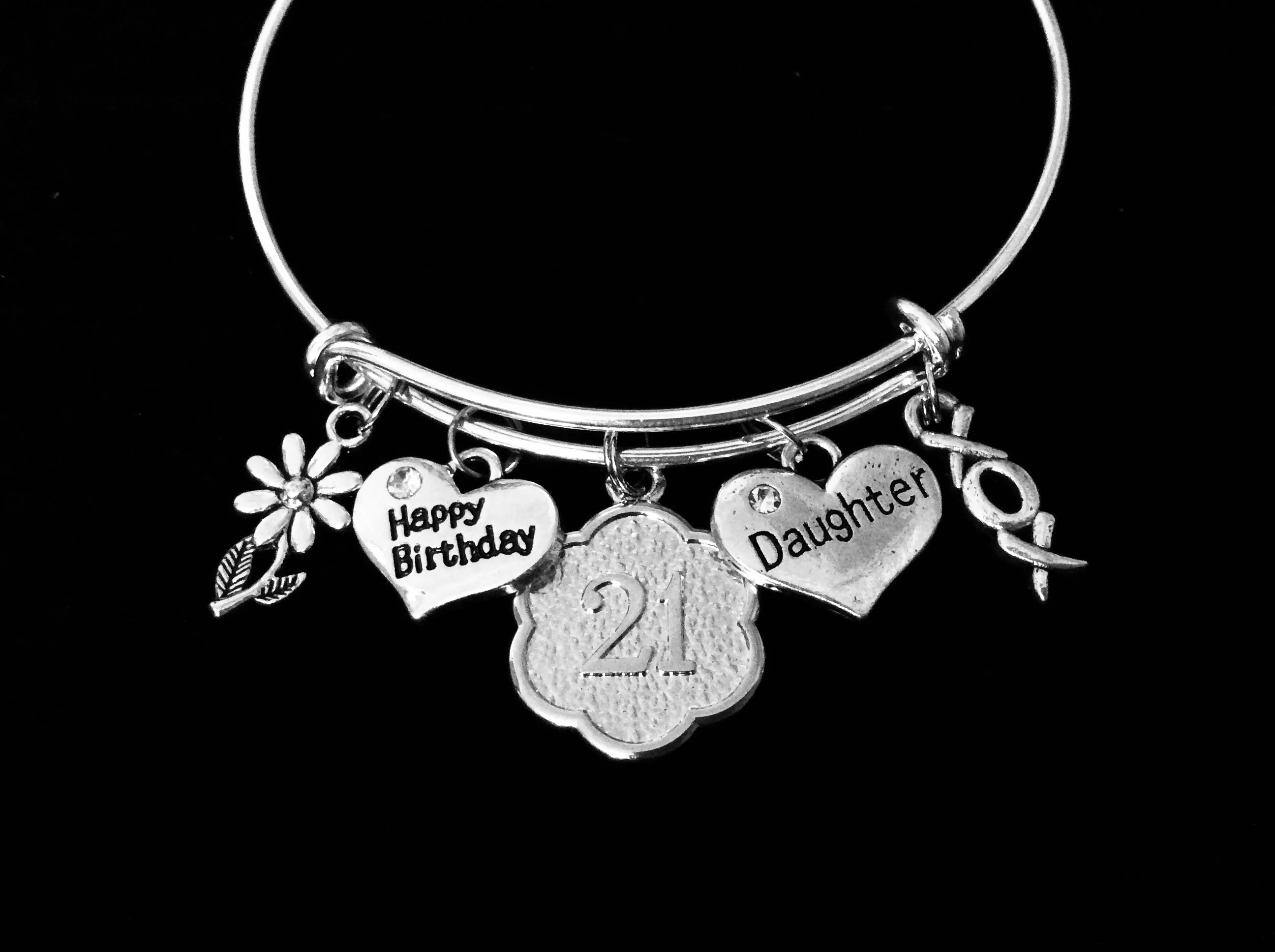 XOXO Happy 21st Birthday Daughter Expandable Charm Bracelet 21 Birthday Silver Adjustable Wire Bangle One Size Fits All Gift Birthday Jewelry