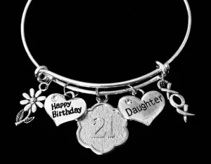 XOXO Happy 21st Birthday Daughter Expandable Charm Bracelet 21 Birthday Silver Adjustable Wire Bangle One Size Fits All Gift Birthday Jewelry